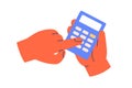 Hand holding, using calculator icon. Accountant calculating finance, counting, pressing buttons with finger. Economy