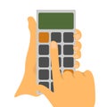 Hand holding, using calculator icon. Accountant calculating finance, counting, pressing buttons with finger. Economy, accounting