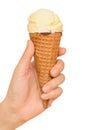 Hand holding vanilla ice cream cone isolated
