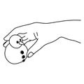 Hand holding very small snowman vector illustration sketch doodle hand drawn with black lines isolated on white background