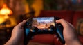 hand holding video controller, close-up of hand holding gamepad, gamer playing game with gamepad