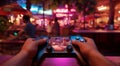 hand holding video controller, close-up of hand holding gamepad, gamer playing game with gamepad