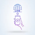 Hand holding the Video streaming on smartphone sign line icon or logo. live video concept. Sending live content vector linear