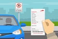 Hand holding violation ticket. Blue car parked in a restricted parking zone. Dubai no parking road sign. Royalty Free Stock Photo