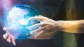 Hand holding virtual Global Internet connection metaverse. Royalty Free Stock Photo