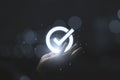 Hand holding virtual glow correct sign and tick correct mark to approve document and project concept