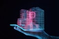 Hand holding virtual neon hologram of modern building design. Interactive tech for residence construction project. Futuristic Royalty Free Stock Photo