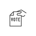 Hand holding vote paper line icon