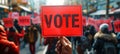 Hand holding VOTE sign. Striking vote sign at an animated protest. Emphasizing the importance of voting in a rally Royalty Free Stock Photo