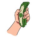 hand holding a wad of money in line art, sketch style with color. hand drawn vector illustration. Royalty Free Stock Photo