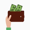 Hand holding wallet with money, purse with banknotes. Vector. Royalty Free Stock Photo