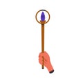 Hand holding wand, torch light, magic stick, symbol of power. Powerful magician arm with torchlight. Esoteric