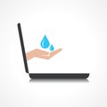hand holding water drops comes from laptop screen Royalty Free Stock Photo