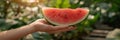 Hand holding watermelon wedge with selection on blurred background, copy space available Royalty Free Stock Photo