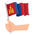 Hand holding and waving the national flag of Mongolia. Fans, independence day, patriotic concept. Vector illustration