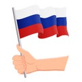 Hand holding and waving the national flag of Russia. Fans, independence day, patriotic concept. Vector illustration