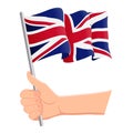 Hand holding and waving the national flag of United Kingdom. Fans, independence day, patriotic concept. Vector Royalty Free Stock Photo