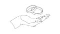 Hand holding a wedding rings continuous line drawing. One line art of love, diamond, accessory, jewel, union of hearts