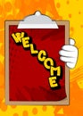 Hand holding Welcome paper text. Showing sign.