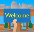 Hand holding Welcome paper text. Showing sign.