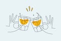Hand holding whiskey and old fashioned clink glasses light