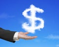 Hand holding white dollar sign shape cloud with blue sky Royalty Free Stock Photo