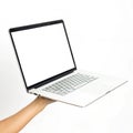 Hand holding white laptop screen mockup isolated on white background Royalty Free Stock Photo