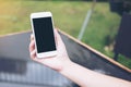 Hand holding white mobile phone with blank black screen on vintage glass table Royalty Free Stock Photo