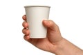 A hand holding a white paper cup against a plain white background Royalty Free Stock Photo