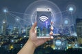 city scape and wifi network connection concept Royalty Free Stock Photo