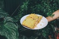 Hand holding white plate Homemade High fiber natural health food Sliced rye bread on cutting board. Whole grain rye bread with see Royalty Free Stock Photo