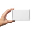 Hand holding white rectangle device isolated on white background Royalty Free Stock Photo