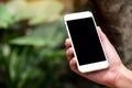 A hand holding white smart phone with blank black desktop screen in outdoor with blur green nature background