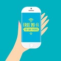 Hand holding white smart phone with free wi-fi sign on touch screen isolated on azure background. Vector flat style Royalty Free Stock Photo