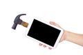 Hand holding white tablet computer with hammer,clipping path