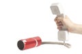 Hand holding white telephone tube and red tin can phone Royalty Free Stock Photo