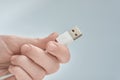 Hand holding white USB cable  on gray background Royalty Free Stock Photo