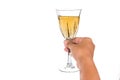 Hand holding white wine in crystal glass and ready to toast Royalty Free Stock Photo