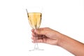 Hand holding white wine in crystal glass and ready to toast Royalty Free Stock Photo