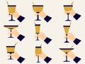 Hand holding wine glass set icons in art deco style. Collection of alcoholic drinks in different glasses with straws