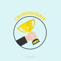 Hand holding winner`s trophy award.Man holding up a gold trophy Royalty Free Stock Photo