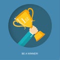 Hand holding winner's trophy flat illustration