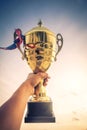 Hand holding winner trophy Royalty Free Stock Photo