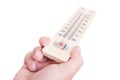 Hand holding wooden classic thermometer Royalty Free Stock Photo