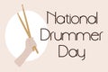Hand holding Wooden drum stick. National Drummer day Card. Crossed wooden drumsticks. Isolated Design element. Music concept.