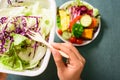 Hand holding wooden fork and eating vegetables salad Royalty Free Stock Photo