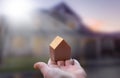 Hand holding a wooden miniature house