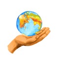 Hand holding world globe. Watercolor concept for Earth day or hour