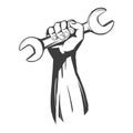 Hand holding a wrench, tools icon cartoon hand drawn vector illustration sketch