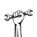 Hand holding wrench vector illustration in black color. Royalty Free Stock Photo